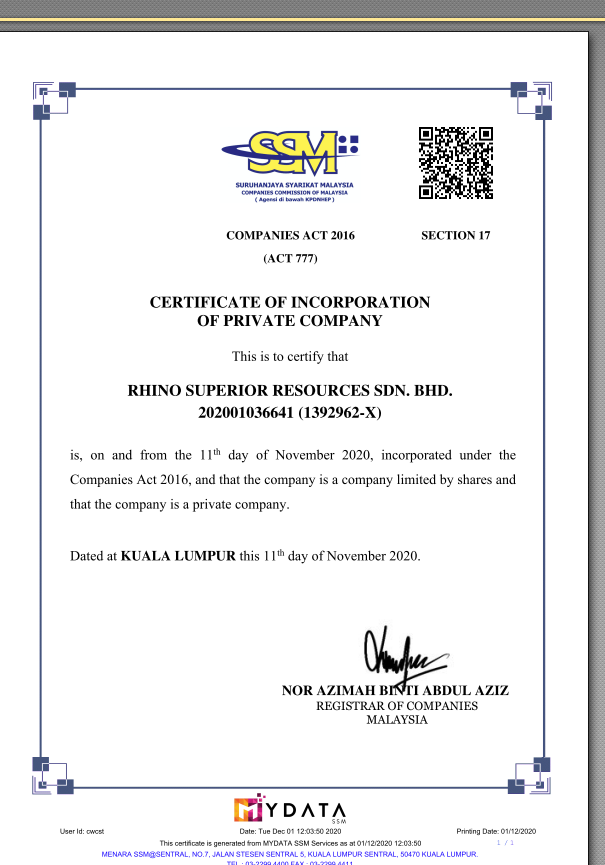 SSM Certificate of Incorporation